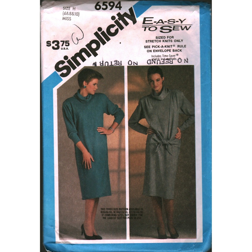 Simplicity 6594 Vintage 1984 Sewing Pattern‎ Dress Vest Knit Sz 6 8 10 Cowl Neck